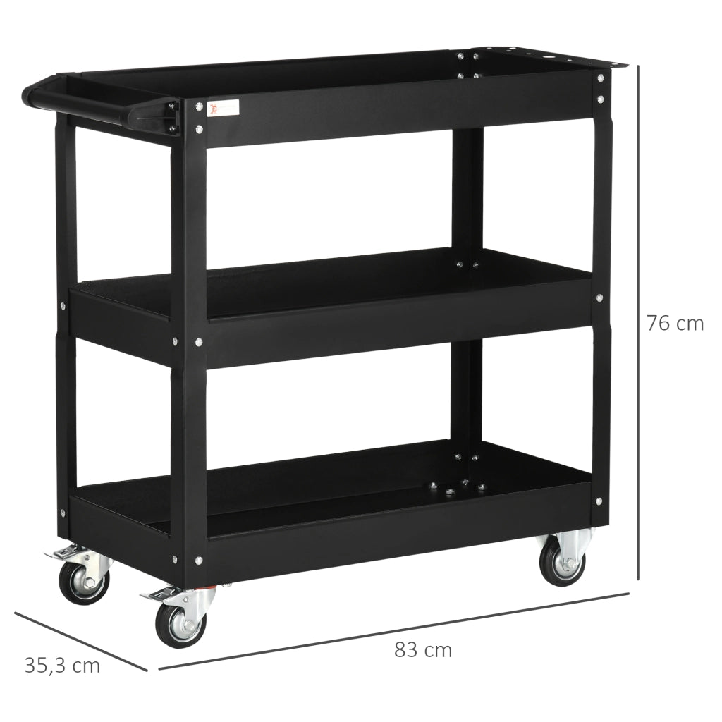 Carrello da officina in acciaio a 3 ripiani con ruote e maniglia, portata 150 kg, nero
