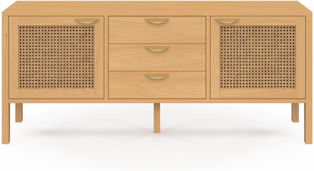 Credenza bassa EDHEN 140 cm, 2 ante e 3 cassetti, legno e vimini