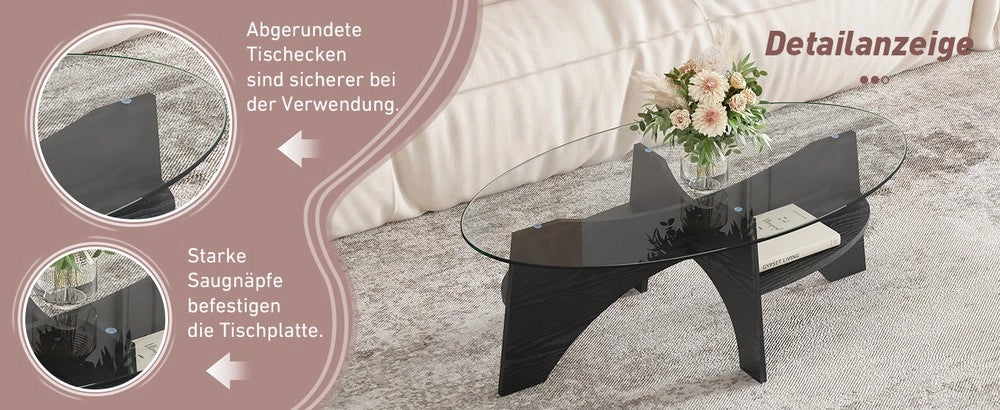 Tavolino Ovale in Vetro Temperato ¨C MINIMAL ¨C Piano Trasparente, Gambe MDF Nero, 104x60 cm
