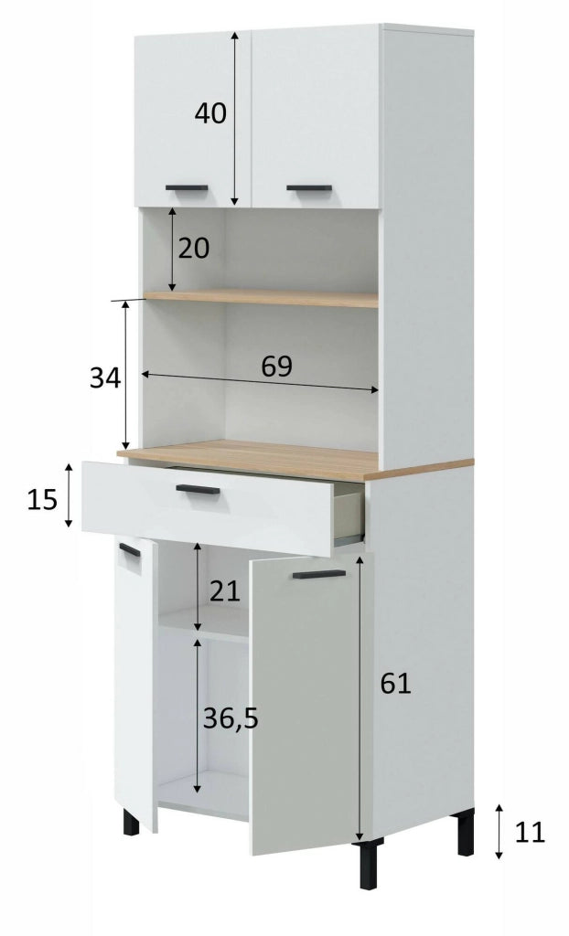 Credenza Florent, Buffet da soggiorno, Madia da salotto, Dispensa da cucina, 72x40 h185 cm, Bianco e Rovere