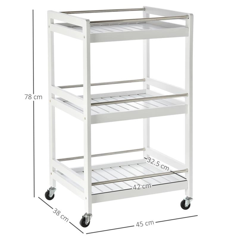 CARRELLO DA CUCINA  CON RUOTE IN LEGNO BIANCO CON 3 RIPIANI 4 RUOTE 360°