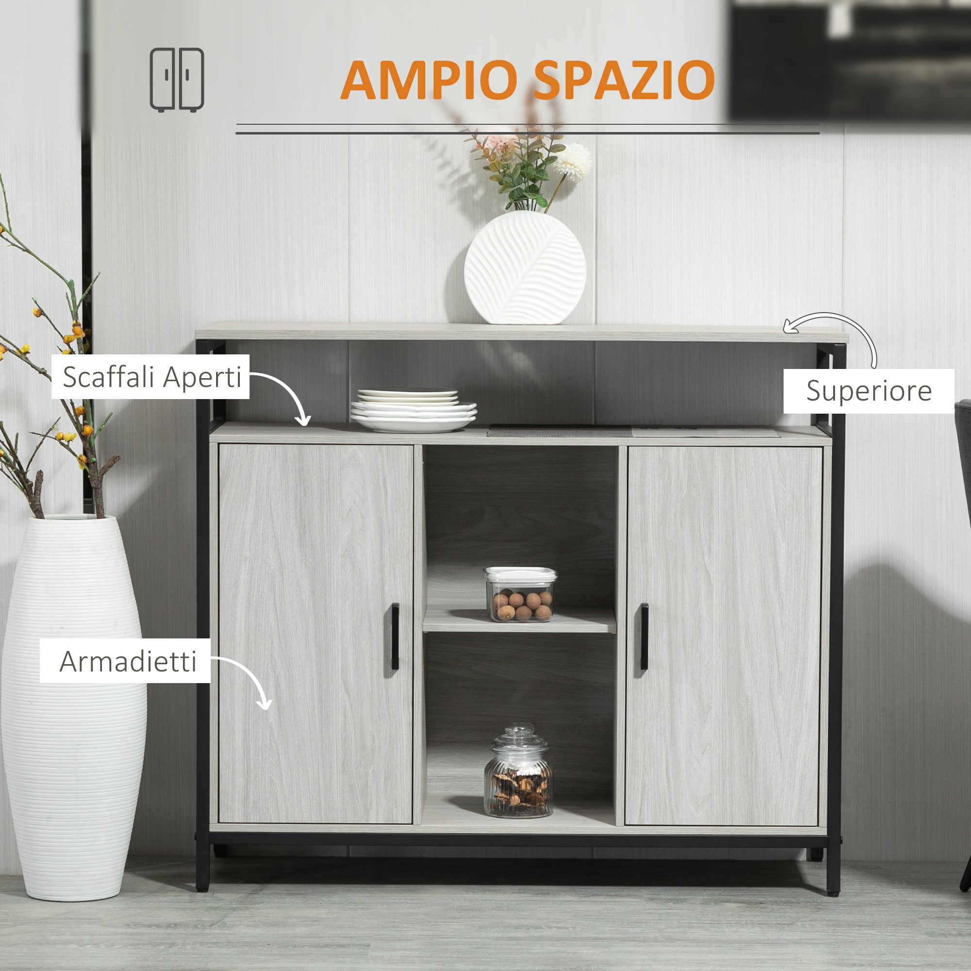 Credenza 2 Ante 5 Ripiani 100x34x87,2 cm in Legno Grigio