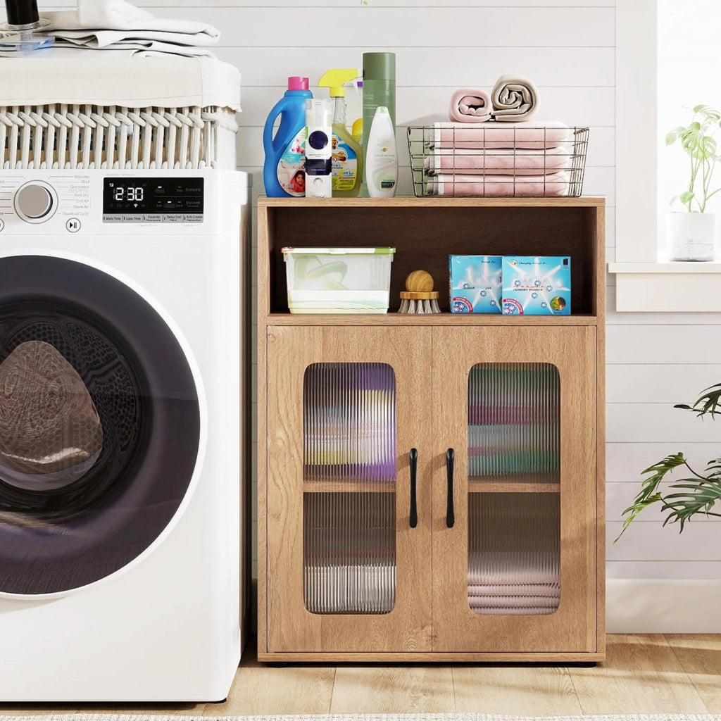 Mobile da Bagno, Mobiletto Salvaspazio con 2 Ante e Ripiano Regolabile a 3 Livelli, Scomparto Aperto, Design Anti-Ribaltamento e Piedini Rialzati, Armadietto per Lavanderia (Naturale)