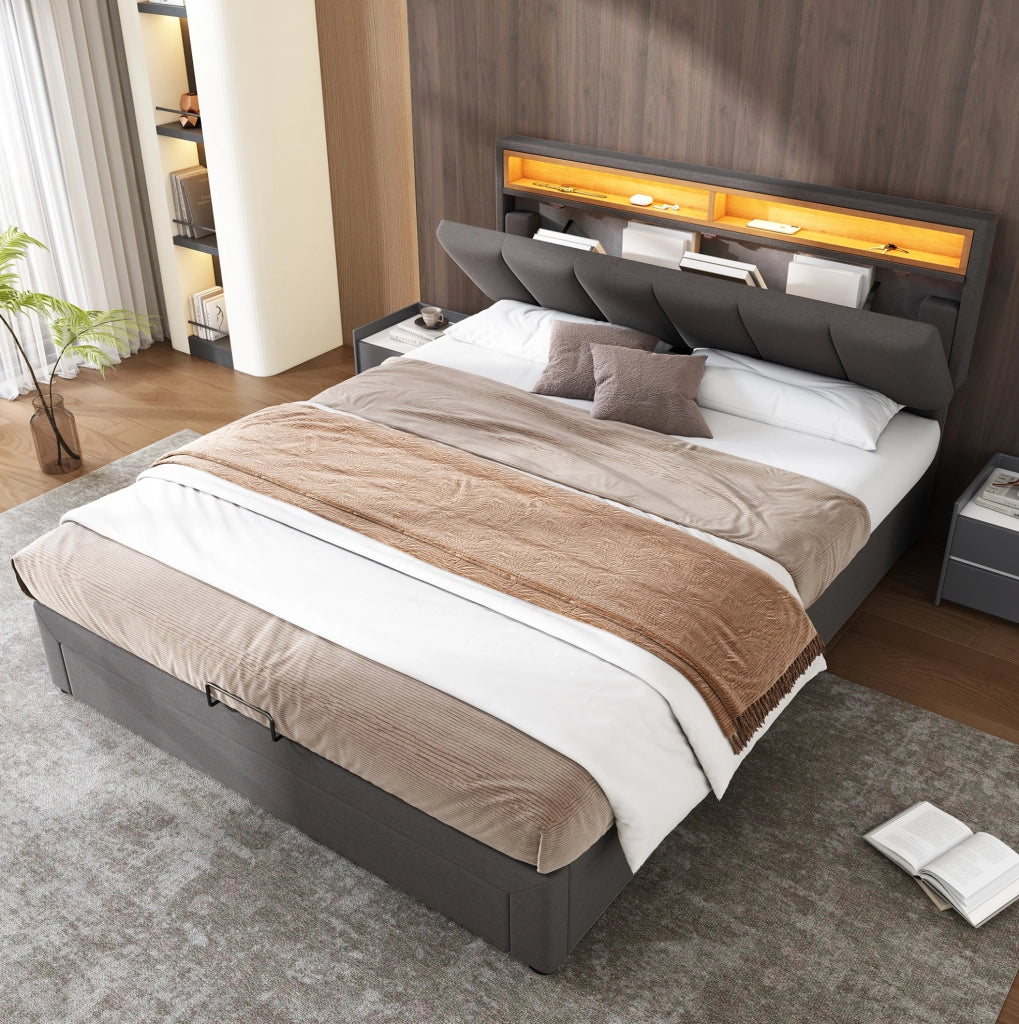 Letto imbottito matrimoniale 140x200 cm con LED; contenitore sottoletto; grigio in lino