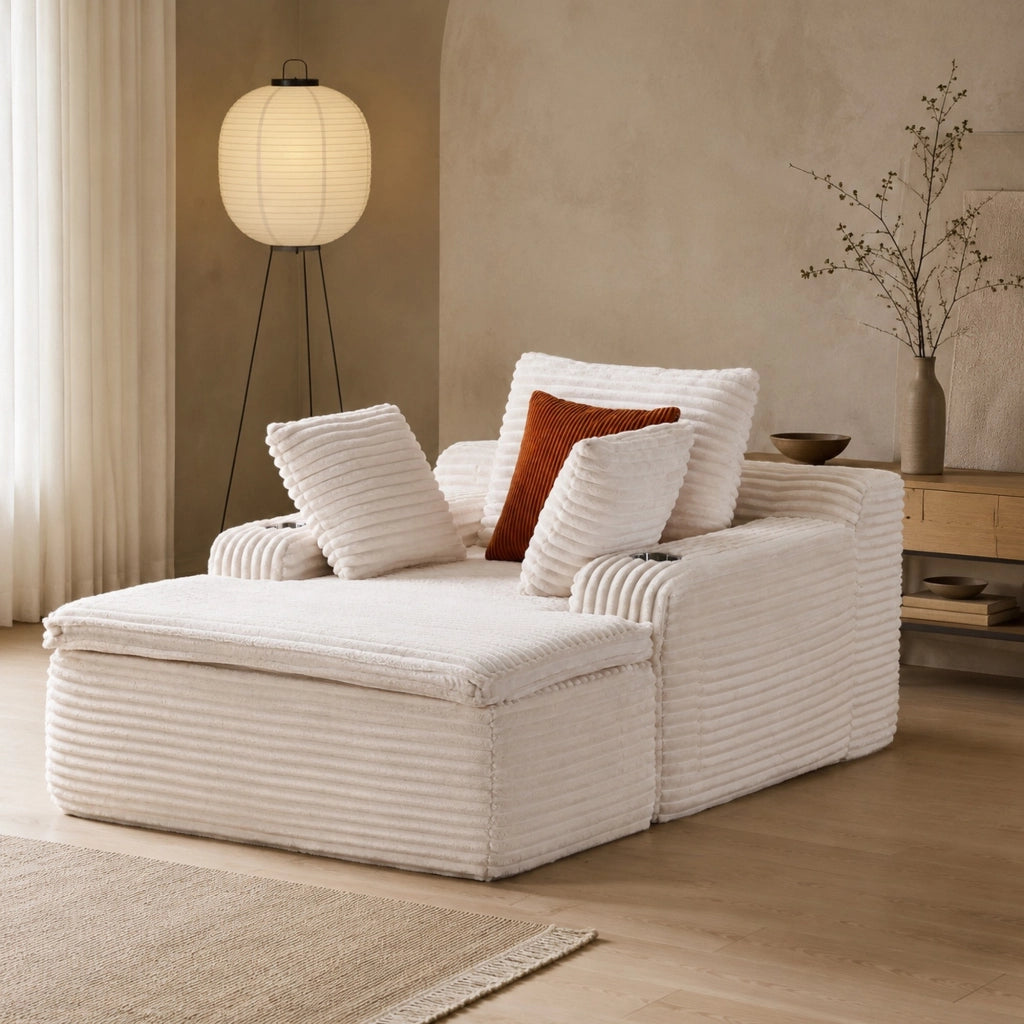 Divano da pavimento pieghevole beige con chaise longue; velluto a coste e cuscino trasformabile