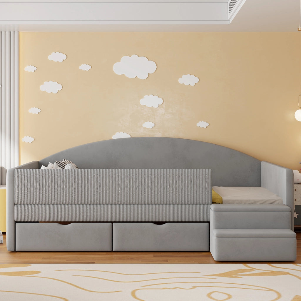 Letto bambino imbottito con 2 cassetti; scala e sponda 90×190 cm; senza materasso; velluto; grigio chiaro