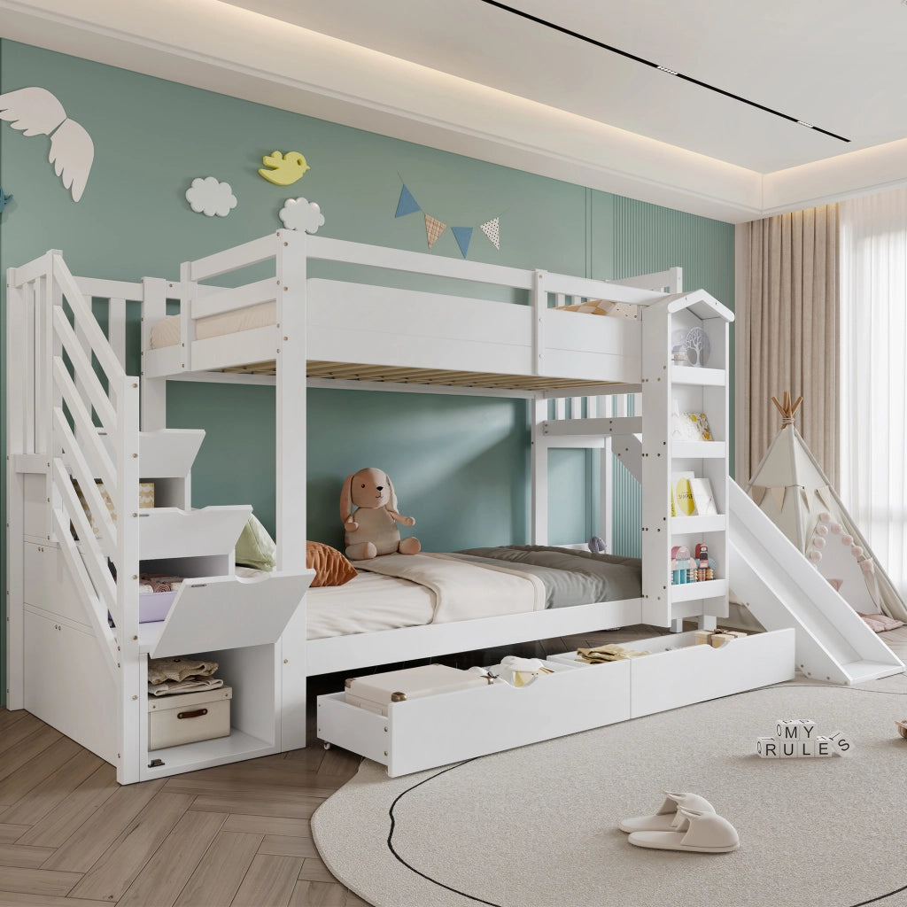 Letto a castello per bambini con scivolo, libreria e cassetti, 90x200 cm, bianco