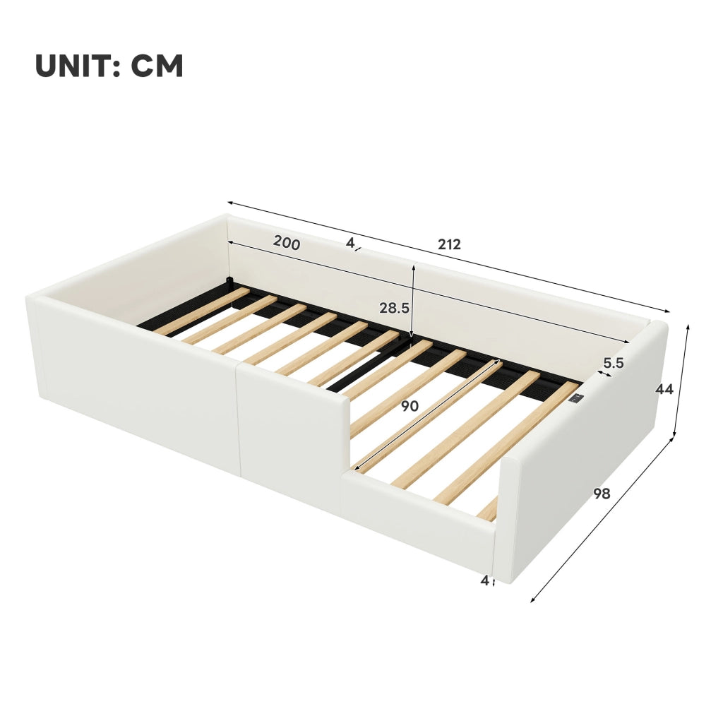 Letto a piattaforma 90x200 cm con sponde imbottite e stazione di ricarica USB/Type-C; bianco
