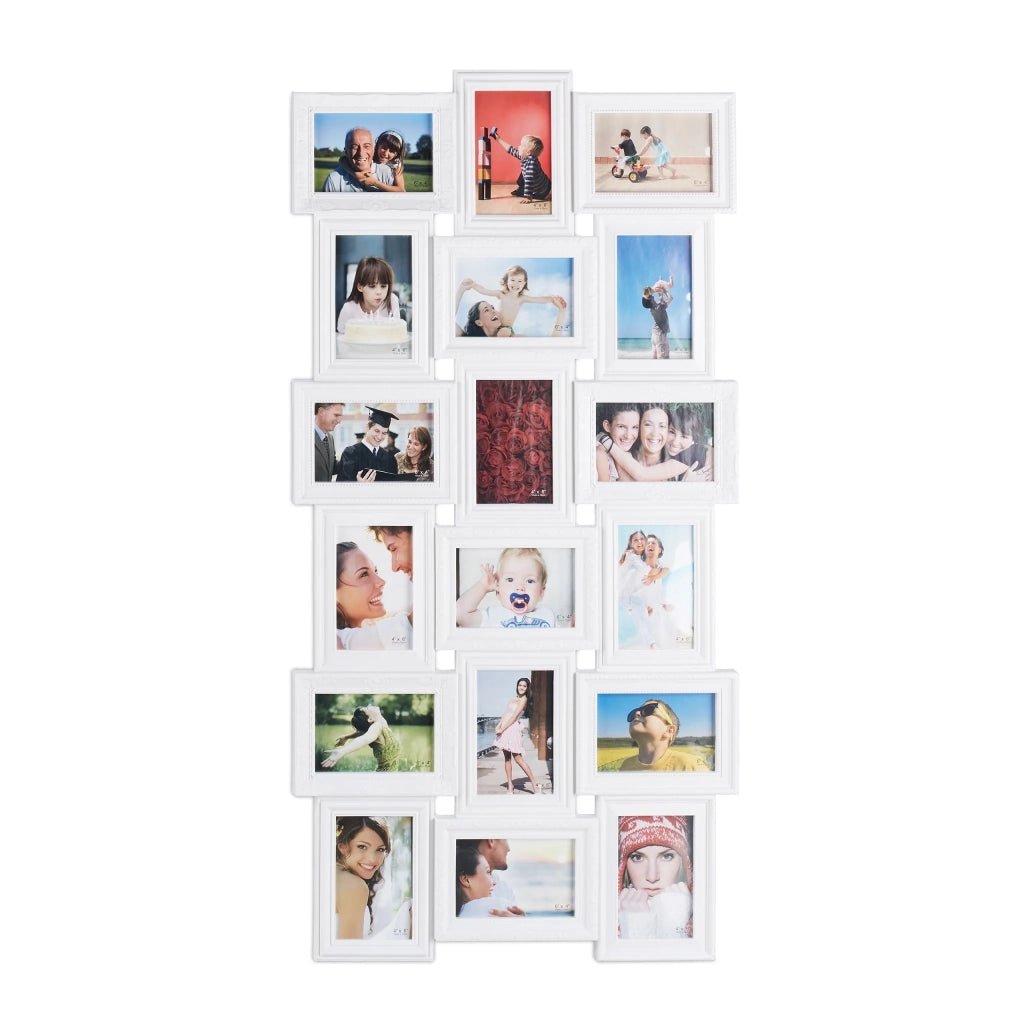 Portafoto multiplo da parete 104 x 54 x 2,5 cm per 18 foto decorativo stile antico in plastica bianca 13_0006880