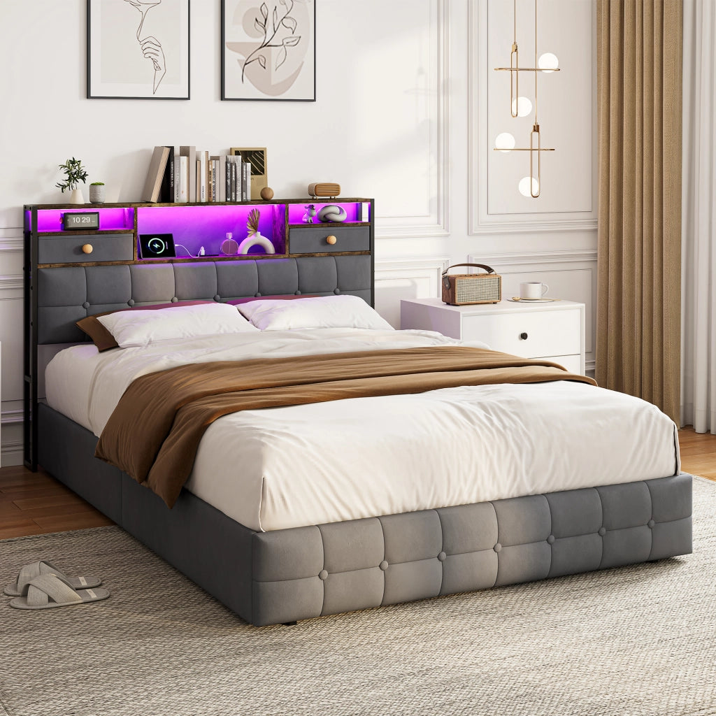 Letto una piazza e mezza 140x200 cm con contenitore LED USB Type-C testiera rete a doghe velluto metallo - grigio