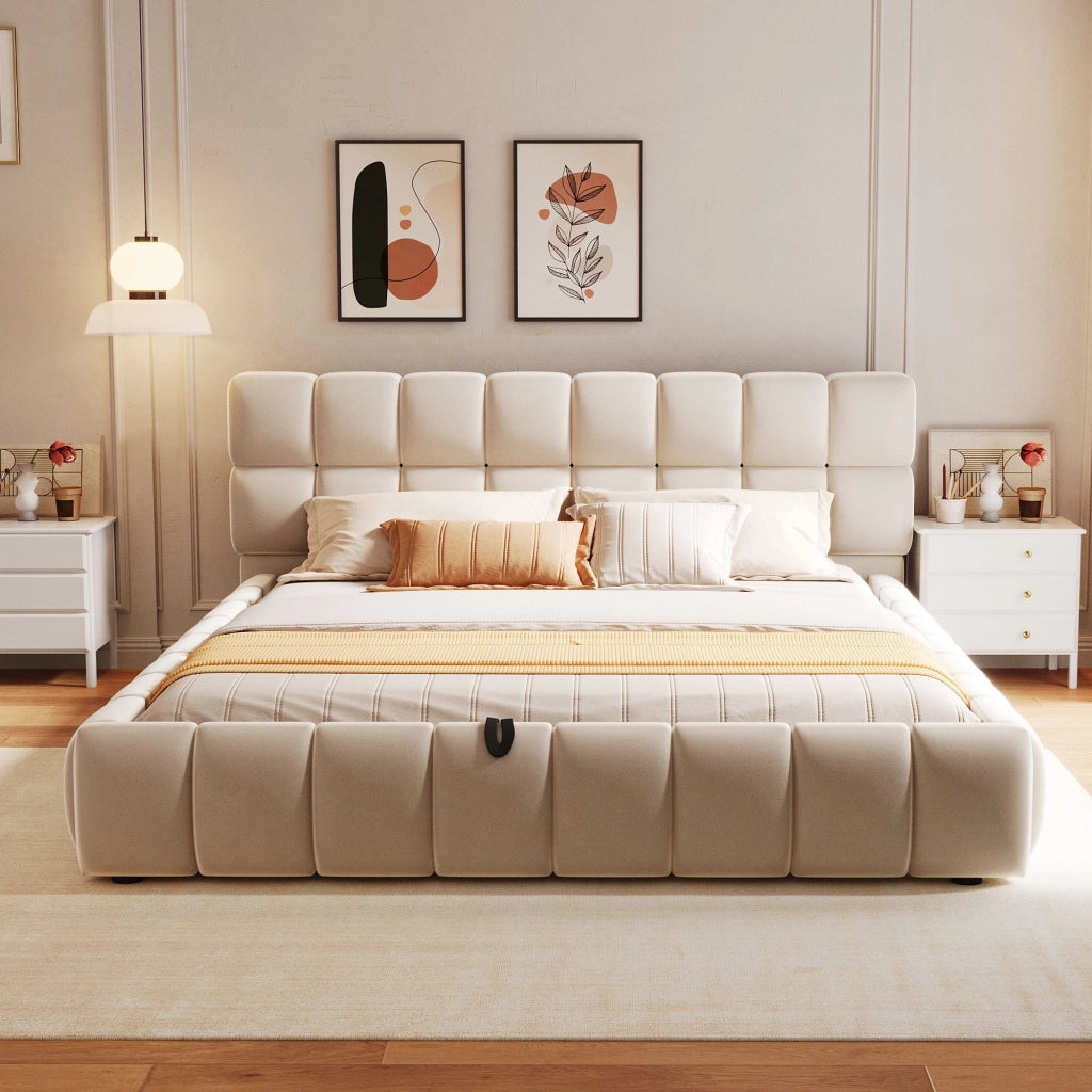 Letto Contenitore 140 x 200 cm; testiera imbottita; contenitore idraulico in Velluto Beige