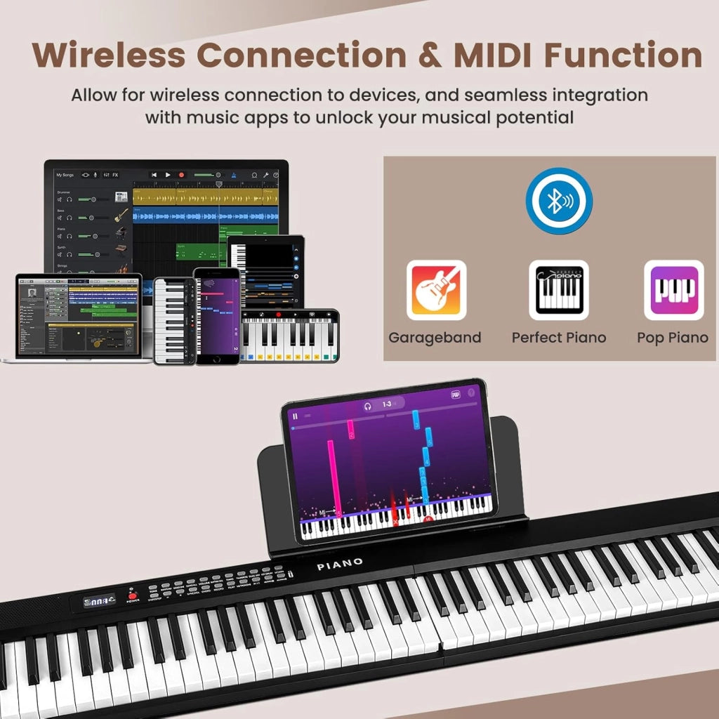Pianoforte Digitale 88 Tasti Pieghevole, con MIDI Wireless, Altoparlanti Doppii, 1000 Timbri E Ritmi, Tastiera Elettronica Semi-Pesato, Pianola Facile da Trasportare con Borsa (Nero)