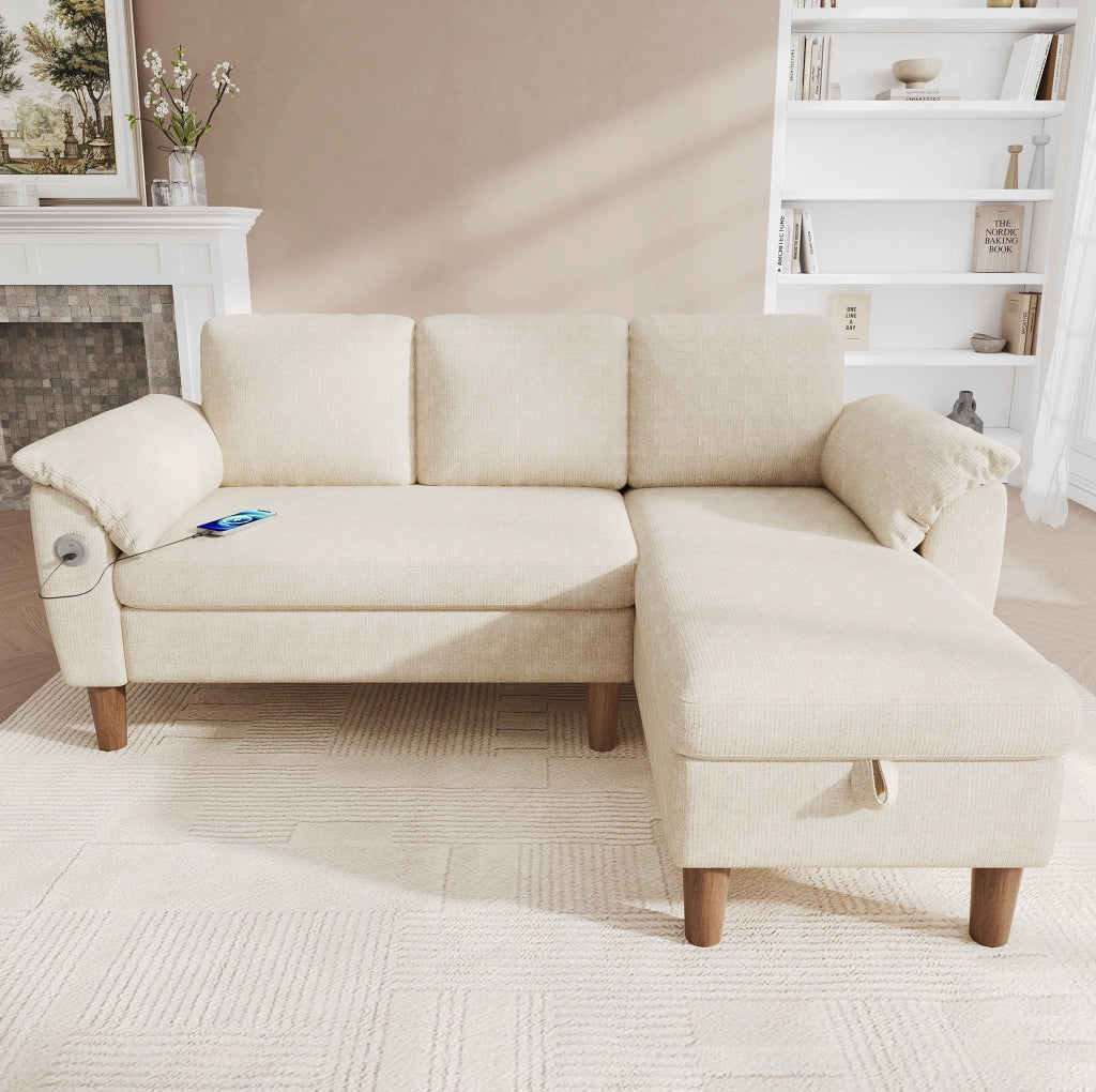 Divano angolare a L 3-4 posti con chaise longue reversibile; USB e Type-C; ciniglia beige