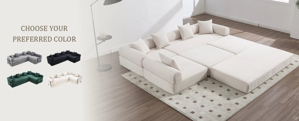 Divano modulare 270x180x64 cm con funzione letto e tasca laterale in corduroy beige