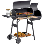 Barbecue a Carbone con Coperchio e Affumicatore. BBQ da Giardino con Ripiani e Ruote 124x53x104 cm. Nero