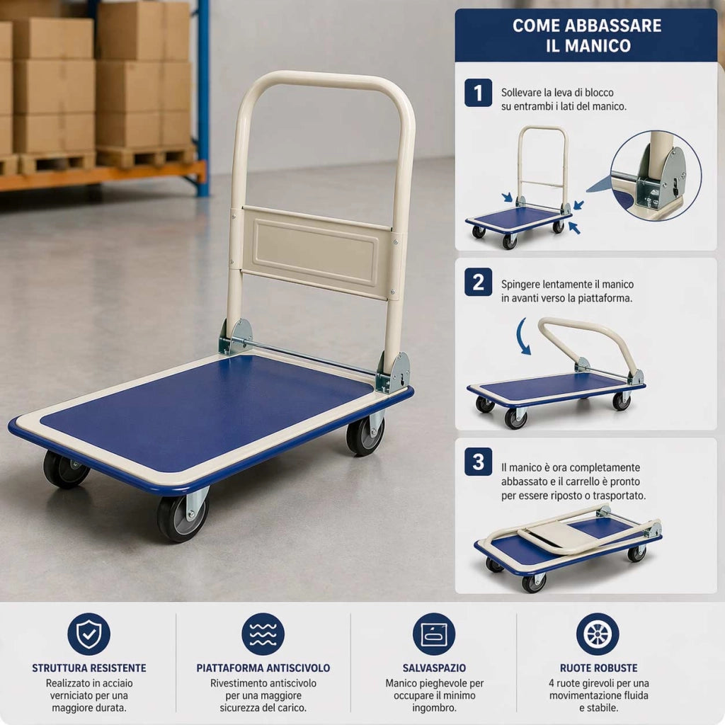 Carrello Portapacchi Portattutto da Trasporto con Manico Pieghevole e Tappetino