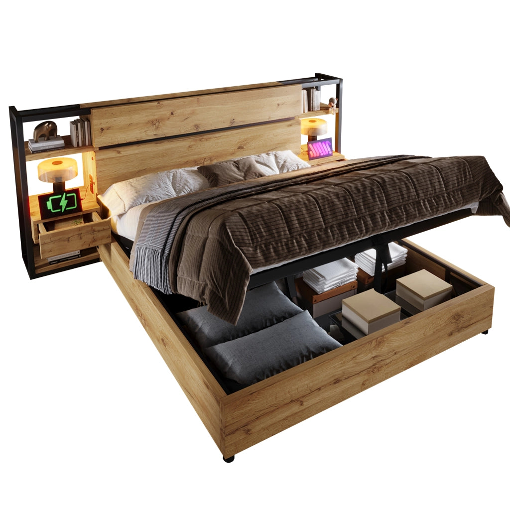 OKWISH Letto contenitore 180×200 cm, Letto Matrimoniale con Vano Contenitore, 2 Cassetti, USB, Tipo C e Testiera con VanI, senza Materasso, Rovere
