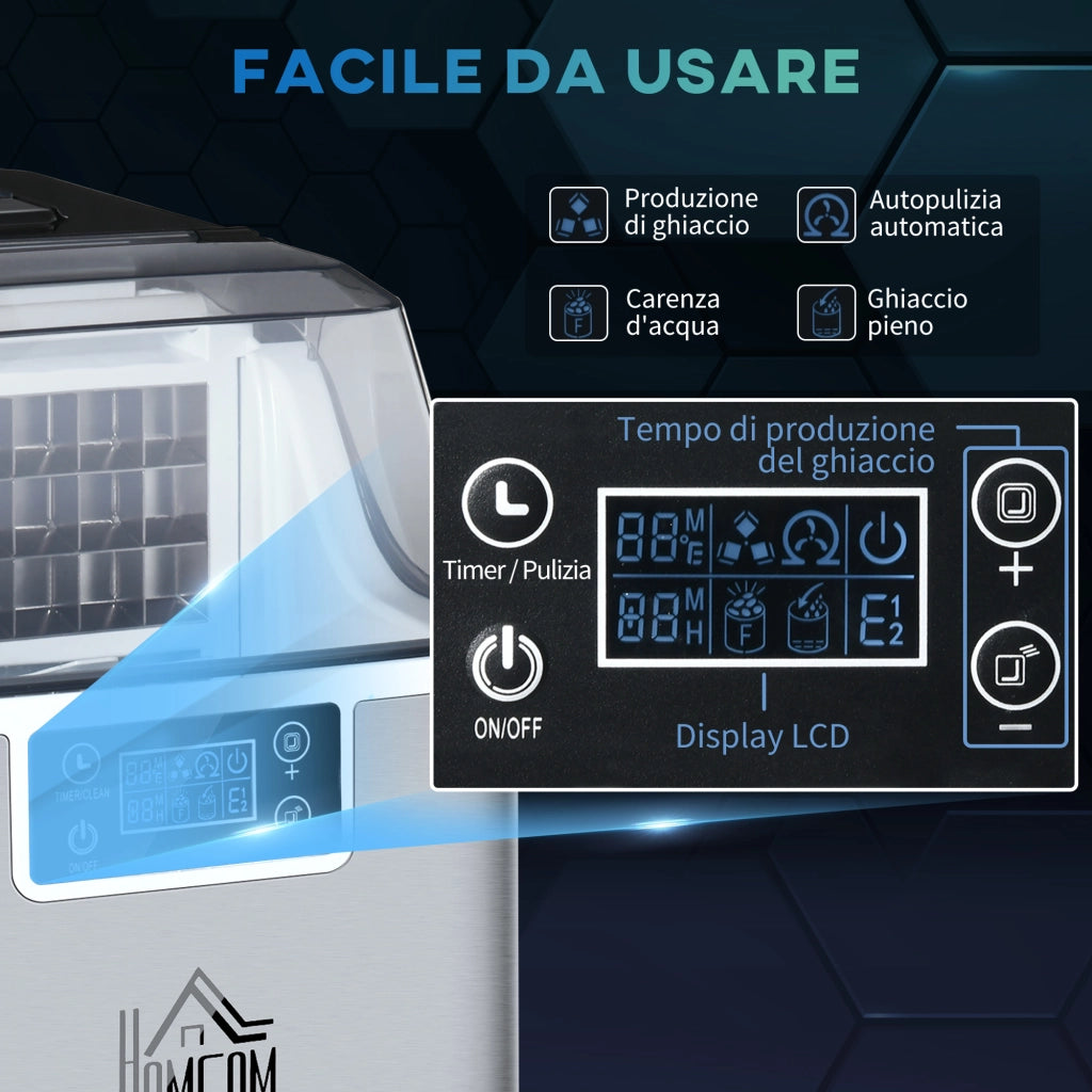 EasyComfort Macchina Ghiaccio 20kg in 24 Ore, 24 Cubetti in 14-18 Minuti con Dimensione Regolabile, Serbatoio 3.2L e Sistema Autopulente, Argento