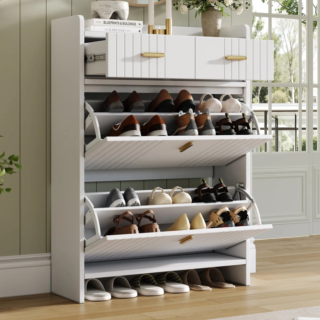 Scarpiera moderna bianca con 2 ante ribaltabili e 2 cassetti, 2 ripiani, per ingresso, 75x24x108,5 cm