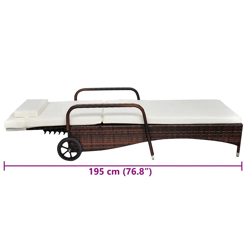Lettino Prendisole con Cuscino e Ruote in Polyrattan Marrone 42476