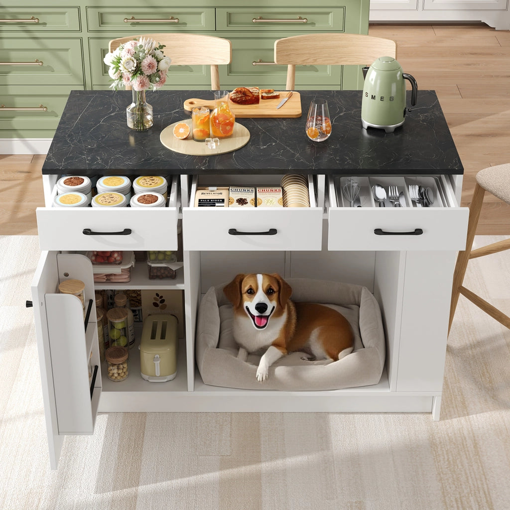 Carrello da Cucina con 3 Cassetti; Porta Spezie; Ripiano Regolabile e Vano Aperto; in MDF; Bianco