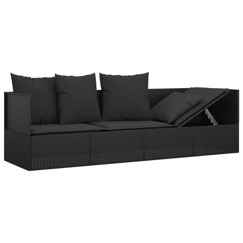 Lettino Prendisole da Esterno con Cuscini Nero in Polyrattan 319565
