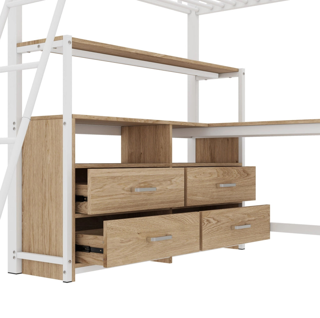 Letto a soppalco 140x200 cm con scrivania a L e cassetti in MDF e metallo bianco