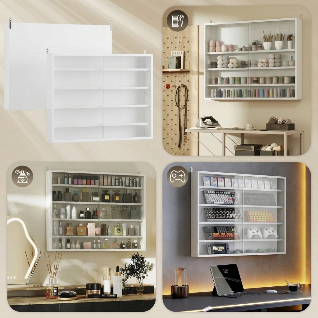 Vetrina da Parete in Legno ¨C Xylo ¨C Bianco con Ripiani e 2 Ante Scorrevoli in Vetro 80x9,5x60 cm