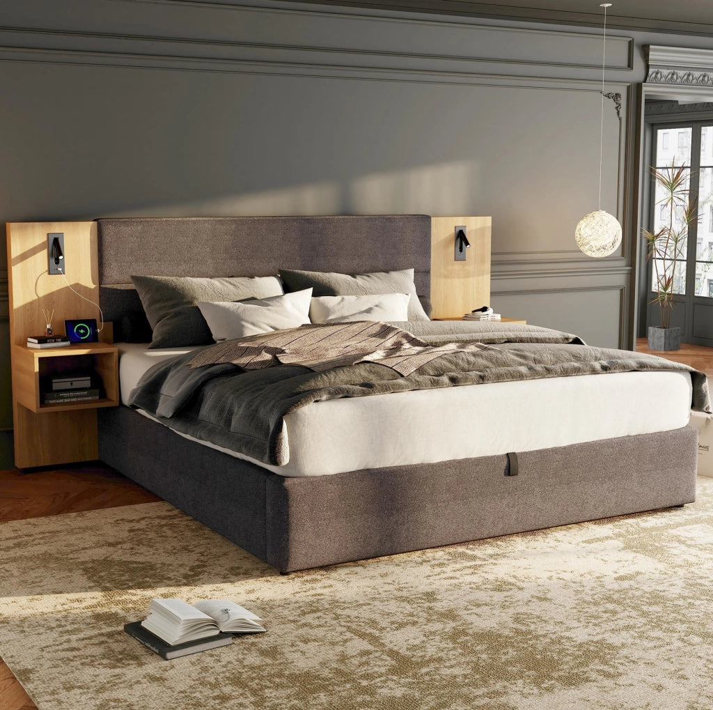 Letto contenitore 180x200 cm in velluto grigio e legno naturale, USB, luce, 2 comodini