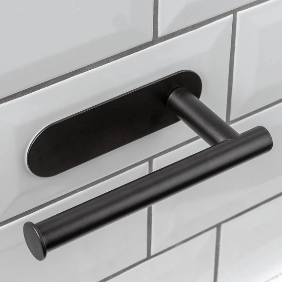 Supporto per la carta igienica autoadesivo - accessorio da bagno - fissaggio alla parete - senza perforazione necessaria - finitura lucida nera o cromata (nastro di fissaggio nero)