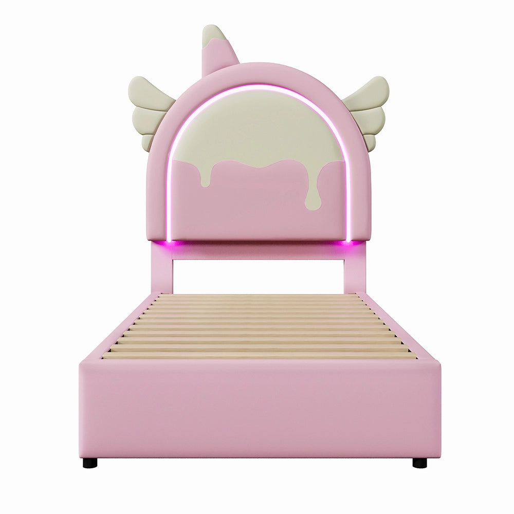 Letto bambino-Xylo-90x200 cm-2 cassetti, LED, forma unicorno, PU rosa