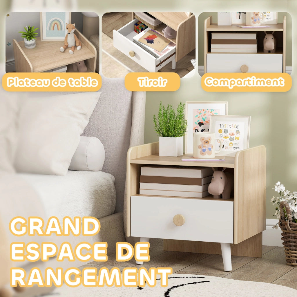 Tavolino comodino per bambini con cassetto e ripiano ¨C zephmum ¨C legno bianco 40x30x40