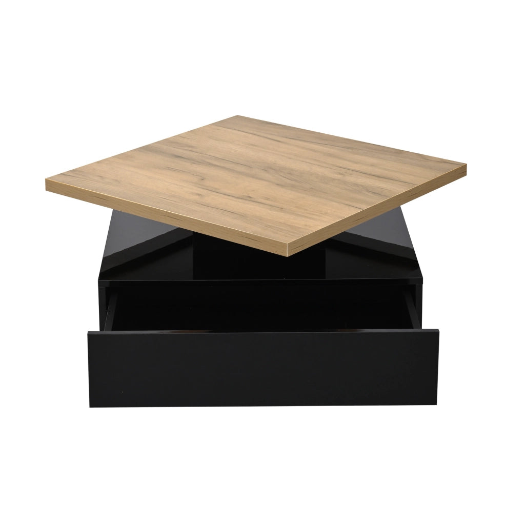 Tavolino da caffè quadrato girevole a 360° con vano nascosto 70x70x36 cm in truciolare; noce e nero