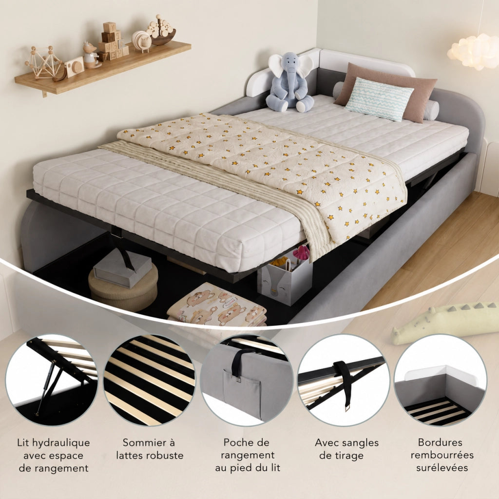 Letto imbottito 90x200 cm con contenitore idraulico e sponda morbida in velluto
