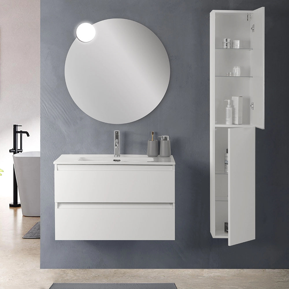 Mobile bagno sospeso 80 cm in legno bianco lucido 2 cassettoni con lavabo e specchio Leda