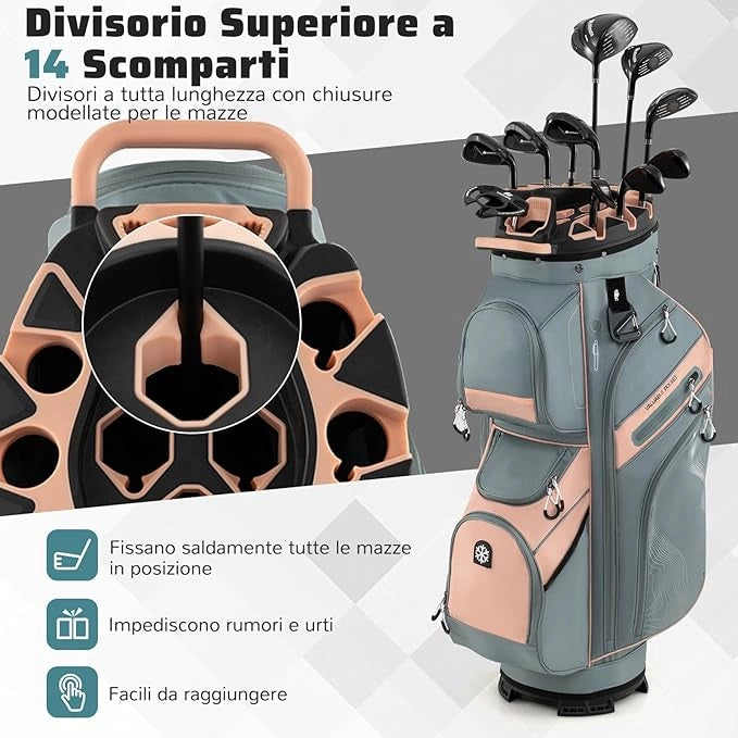 Borsa Carrello da Golf, Sacca da Golf con Serratura e Divisori a 14 Vie, 11 Tasche, Sacca Isolante, Tracolla Imbottita, Maniglie, Porta Ombrello e Cappuccio Antipioggia