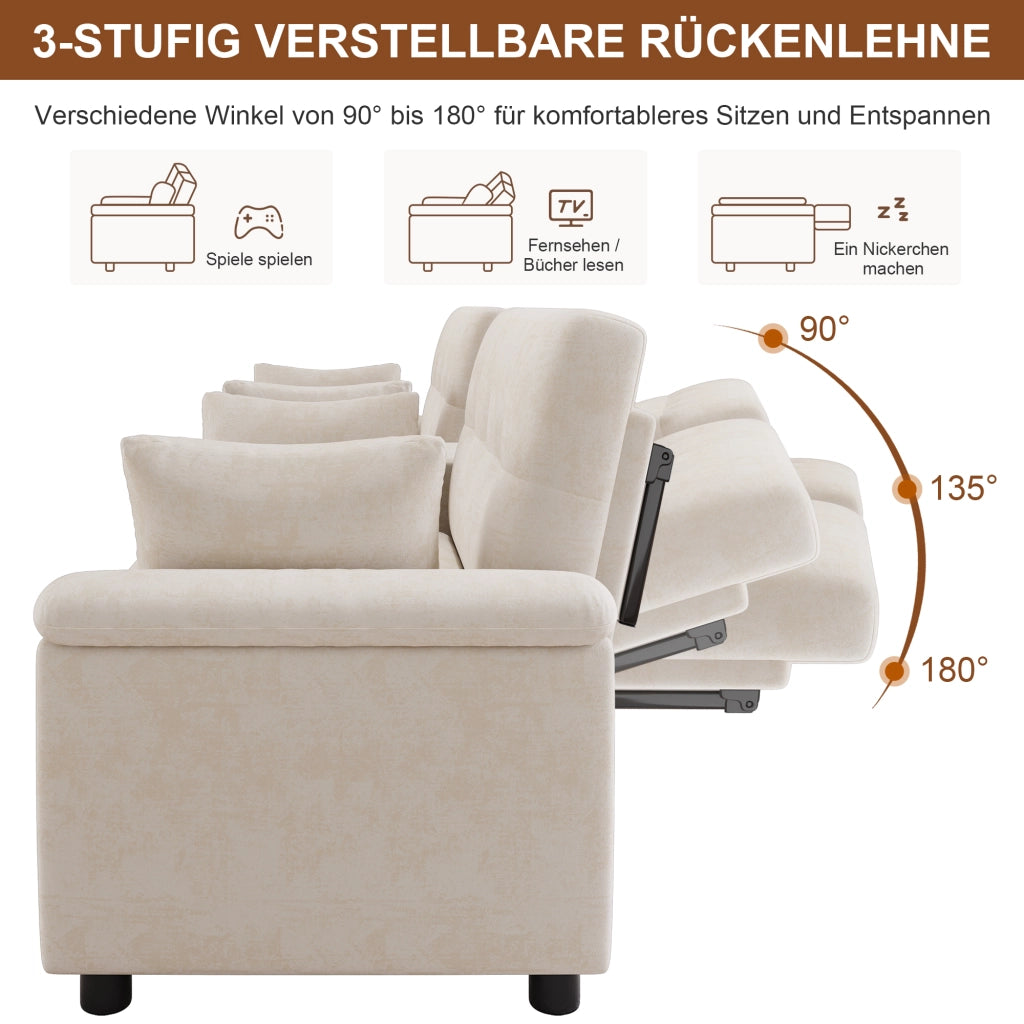 Divano a U letto con doppio modulo estraibile, schienale regolabile, area animali, portabicchieri in chenille beige