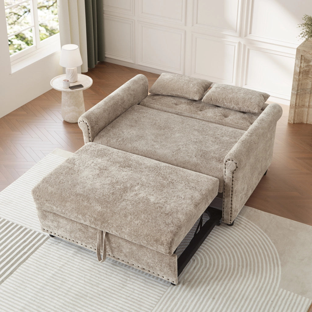 Divano letto 3 in 1 con schienale reclinabile a 3 posizioni e letto estraibile in tessuto chenille marrone grigio