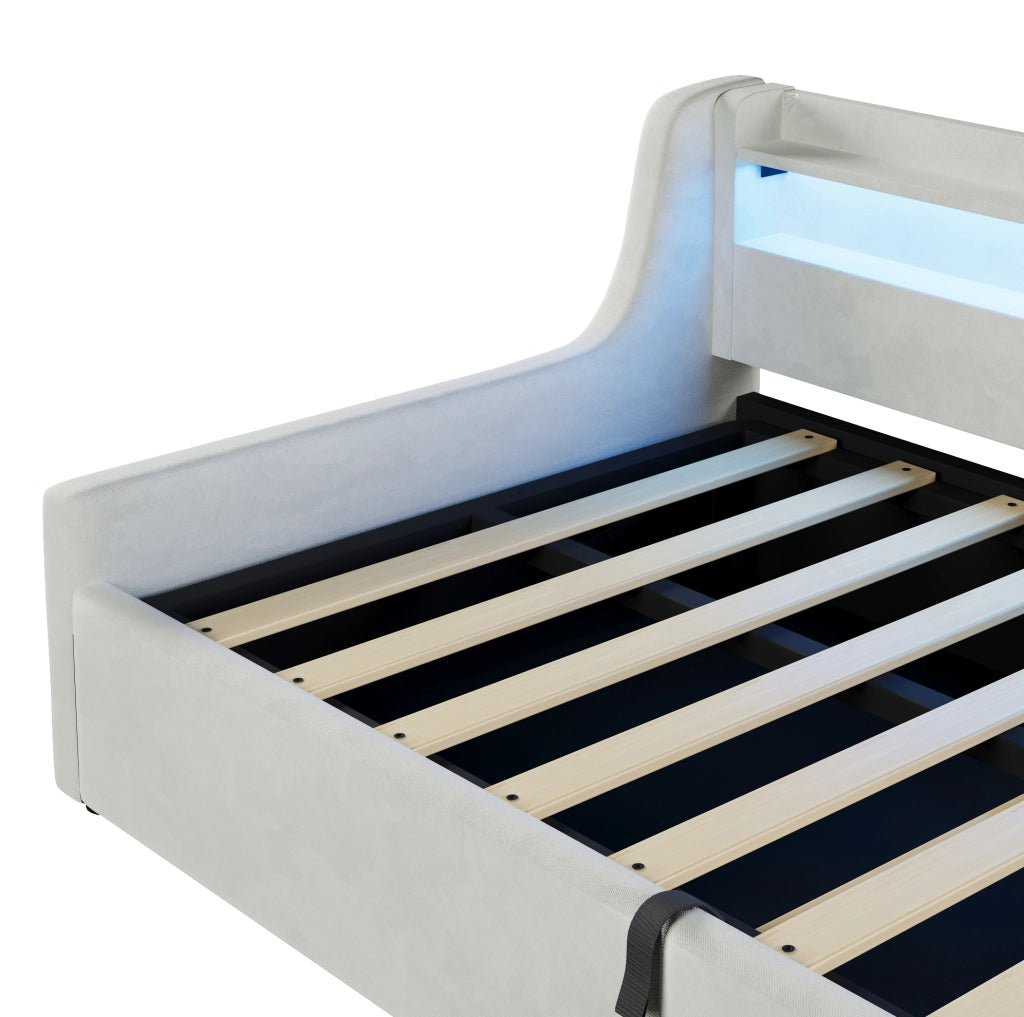 Letto imbottito 90x200 cm con contenitore idraulico e LED in flanella bianco sporco
