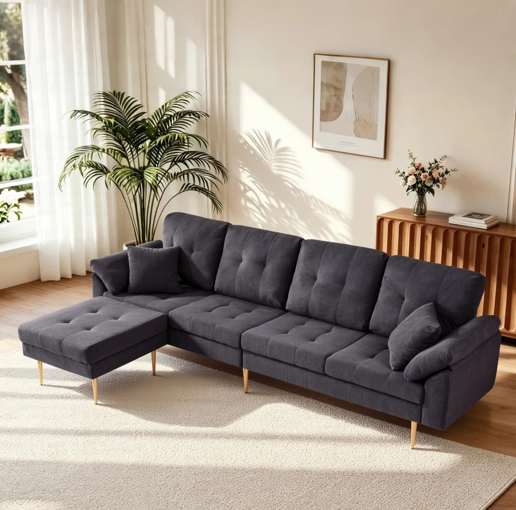 Divano 4 posti 250 cm in velluto a coste grigio scuro con pouf modulabile HOMVRA