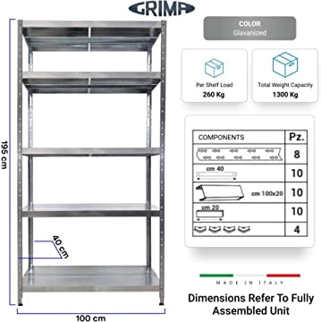 SCAFFALE IN METALLO MACISTE 100 X 40 X 195 H 5 PIANI KG 260 SENZA BULLONI