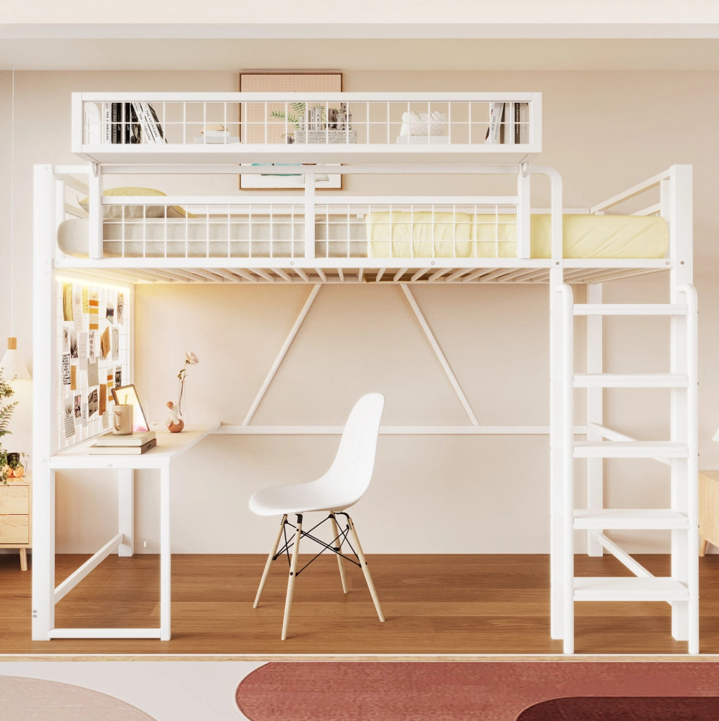 Letto a soppalco in metallo 90 x 200 cm con scrivania; LED; presa e scala; bianco