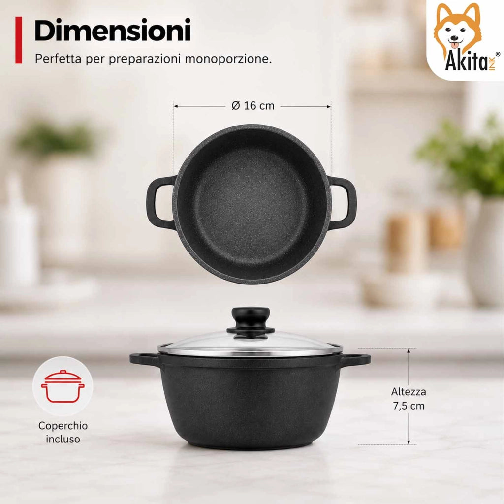 Akitaink Casseruola Alluminio Pressofuso Coperchio in Vetro 16 cm
