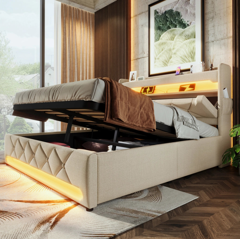 Letto matrimoniale 180x200 cm in lino beige con contenitore idraulico; LED e testiera con ricarica