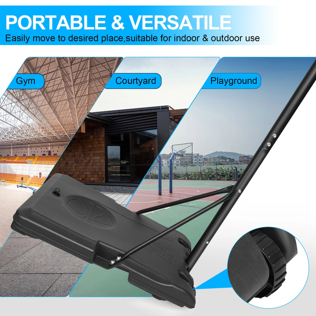 Canestro da basket regolabile 170–213 cm con ruote; base triangolare nera; per allenamento interno ed esterno