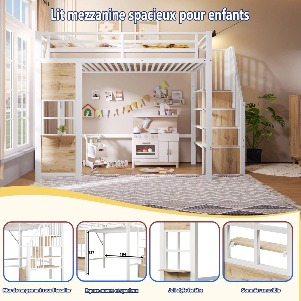 Letto a soppalco 90x200 cm con scala contenitore; finestra; spazio libero sottostante e parapetto; metallo bianco