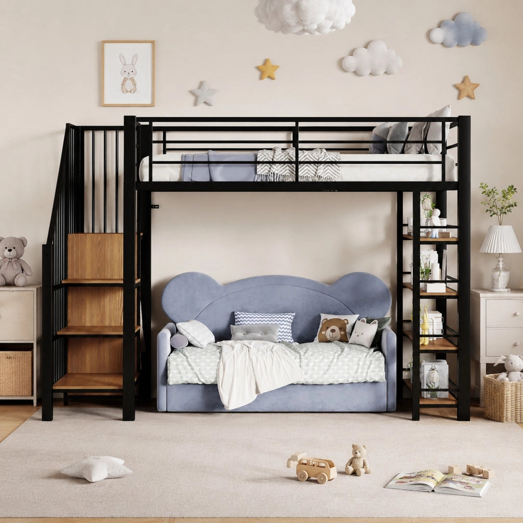 LETTO a soppalco 90x200 cm in metallo nero con scala, ripiani e armadietto