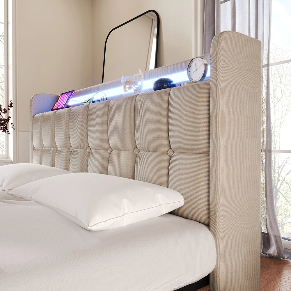 Letto imbottito con USB - Xylo - 90x200cm - Beige - Testiera LED, 2 cassetti