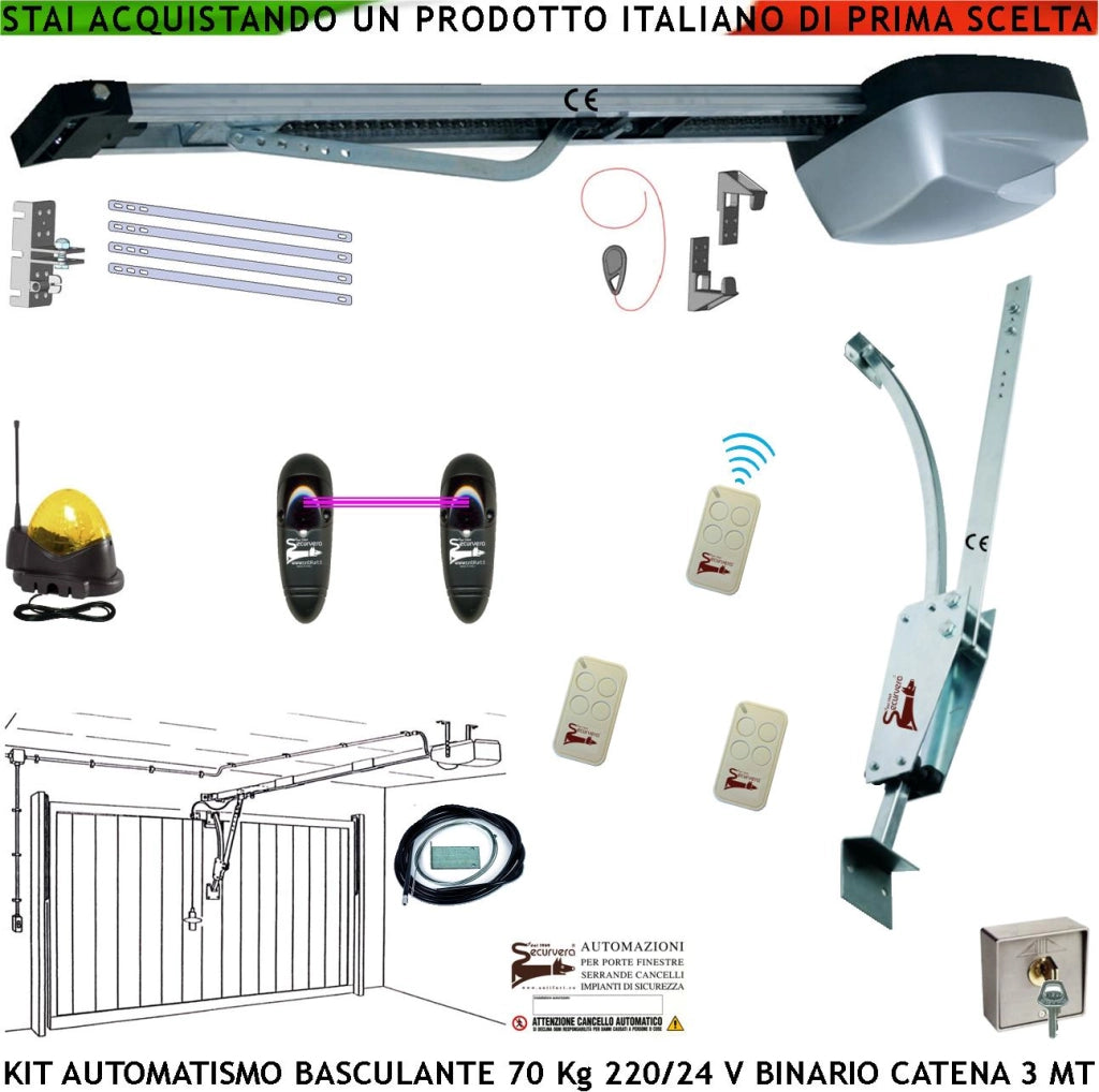 Basculante 70 Kg Kit Automatismo Motore 220/24 V da Soffitto Faro Antenna Selettore Binario Alluminio Catena Acciaio 3 Metri Cordino Sblocco Pattino Archetto Oscillante 3 Radiocomandi Luce di Cortesia