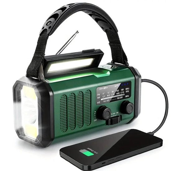Radio a batteria solare - 10.000 mAh - Powerbank solare alimentata da energia solare - Kit di emergenza - Lampada da tasca ricaricabile - Kit di emergenza - Ratione di emergenza - Verde scuro